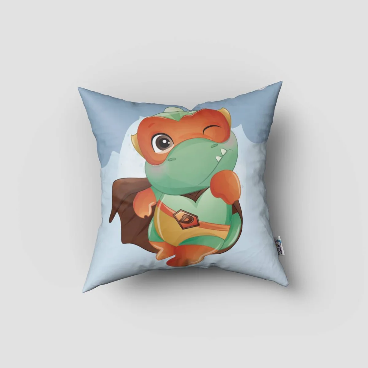 Süper Kahraman Dinozorlar Kırlent Kılıfı | Mavi şehir silüetleri, ay Desenli