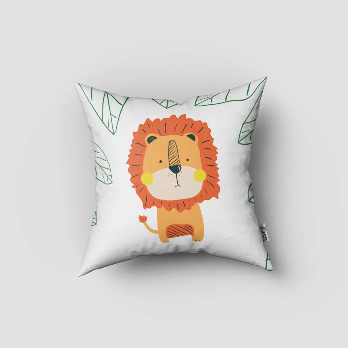 Aslan Kırlent Kılıfı | Beyaz Yeşil yapraklar, küçük kahverengi ve yeşil yapraklar Desenli