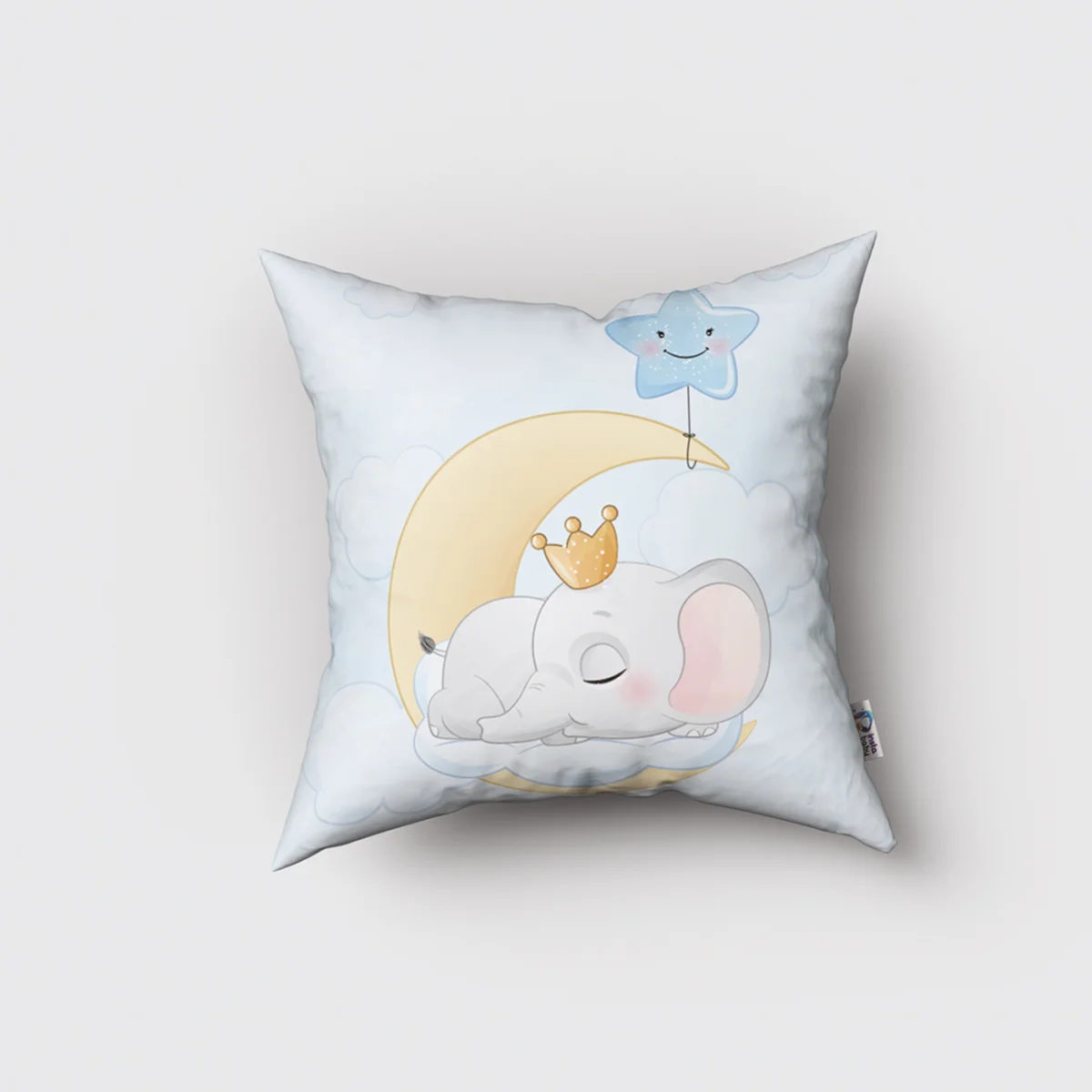 Uyuyan bebek fil, ay Kırlent Kılıfı | Mavi Taç, bulut Desenli