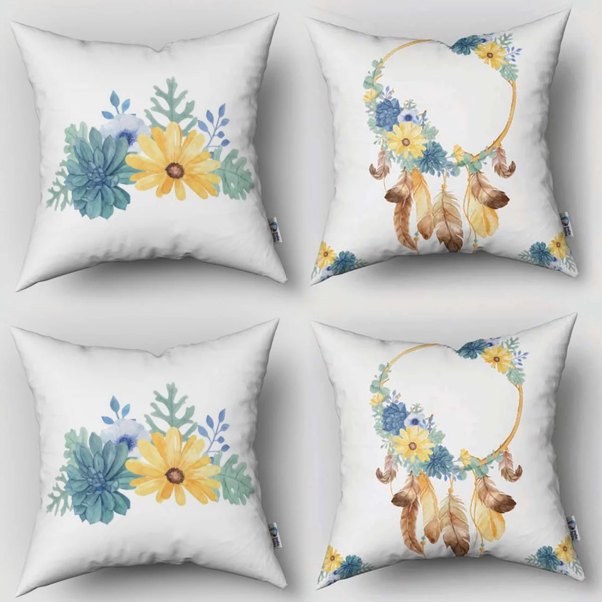Düş kapanı, Çiçekler 4lü Kırlent | Beyaz sarı, mavi ve turkuaz çiçekler Desenli