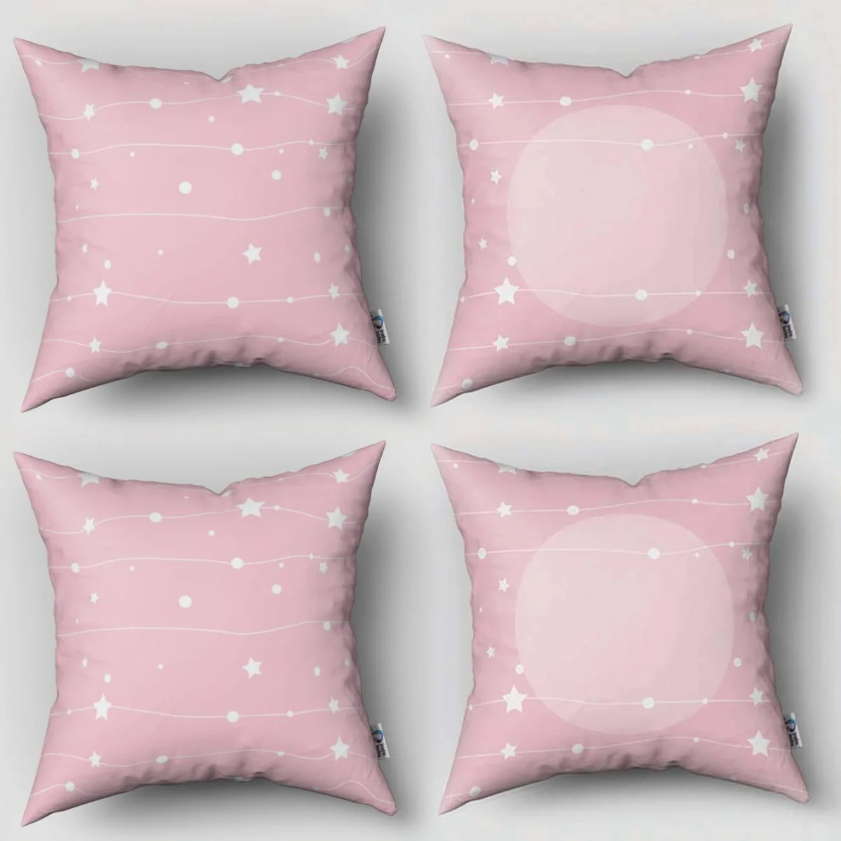 Uzay 4lü Kırlent | Pembe yıldızlar, daireler Desenli