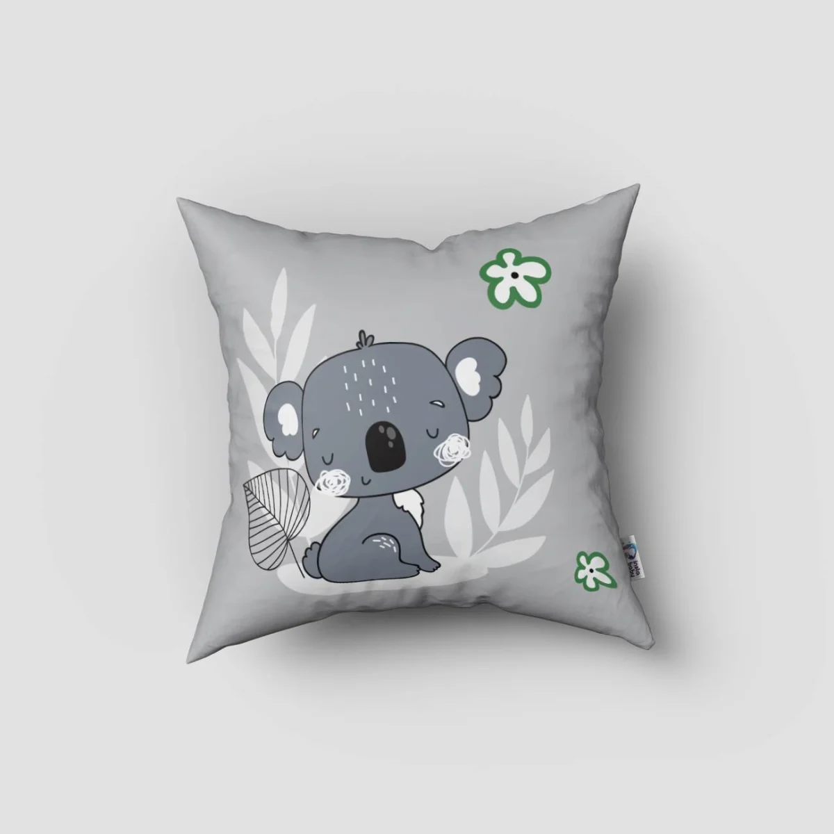 Koala Kırlent Kılıfı | Gri Yapraklar, küçük yeşil çiçekler Desenli
