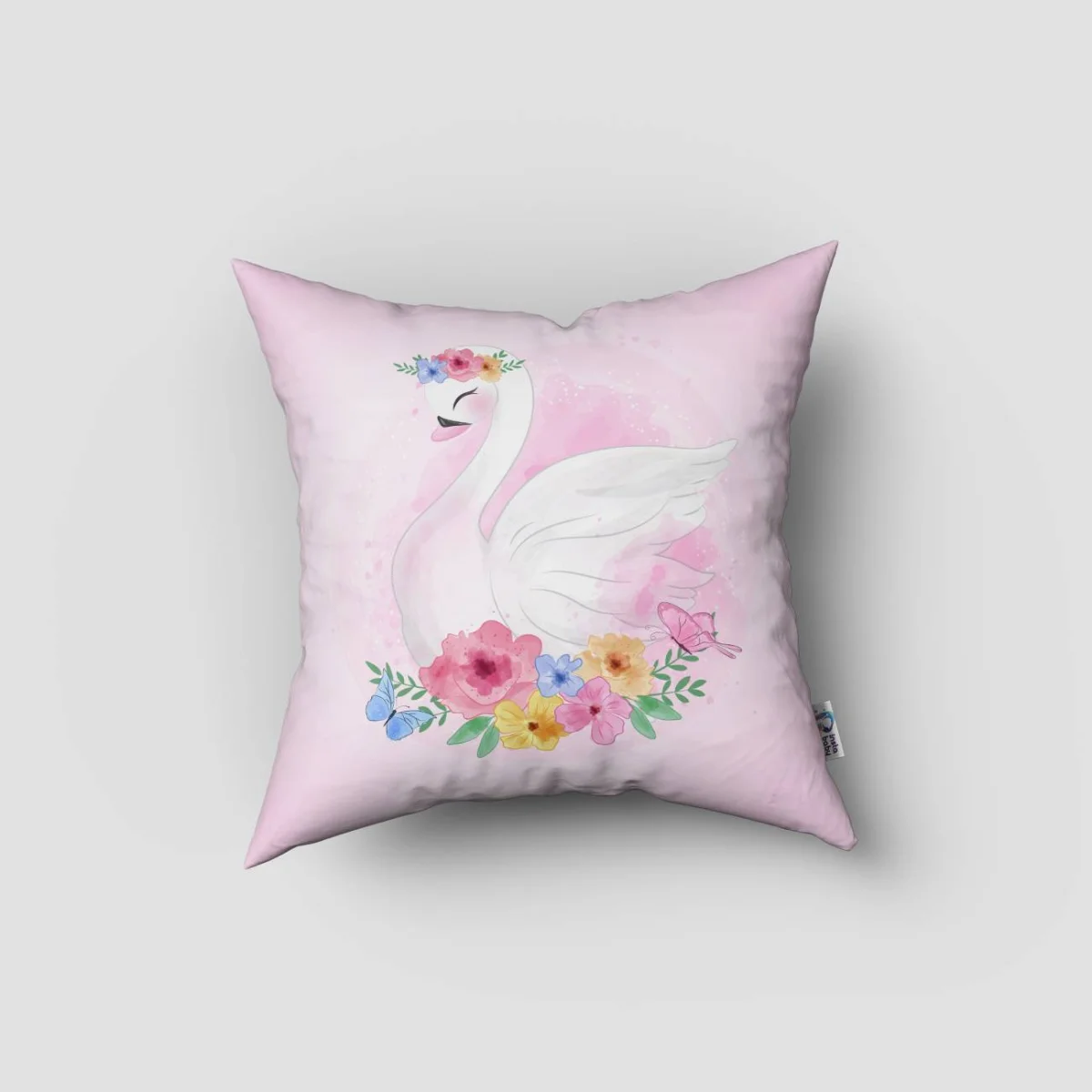 Kuğulu Prenses Kırlent Kılıfı | Pembe çiçekler, kelebekler Desenli