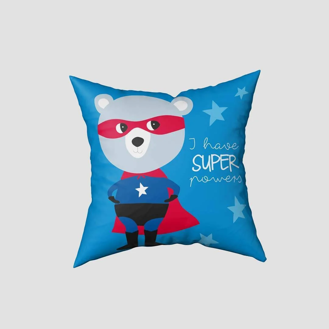 Süper Kahraman Ayı Kırlent Kılıfı | Mavi yıldızlar, Süper Kahraman yazısı Desenli