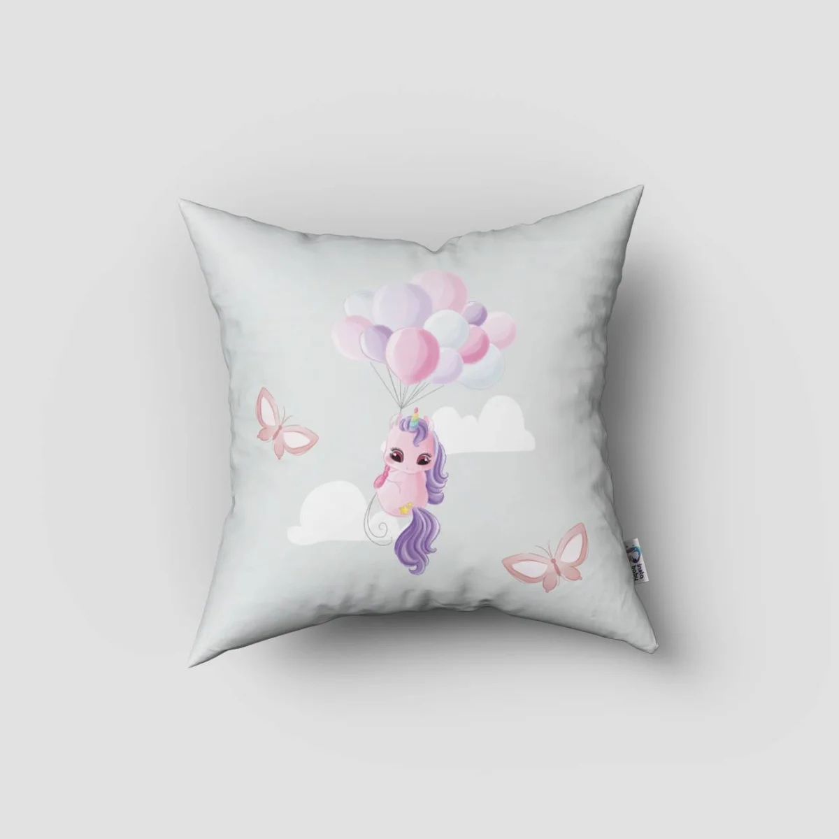 Unicorn Kırlent Kılıfı | Açık mavi balon, bulut Desenli