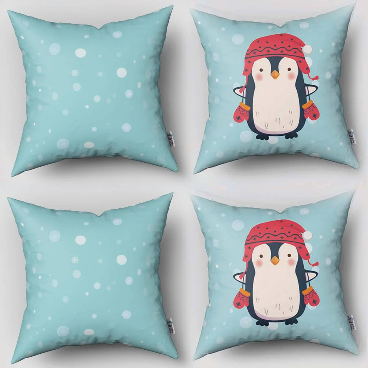 Penguen 4lü Kırlent | Mavi Kar taneleri, kar Desenli