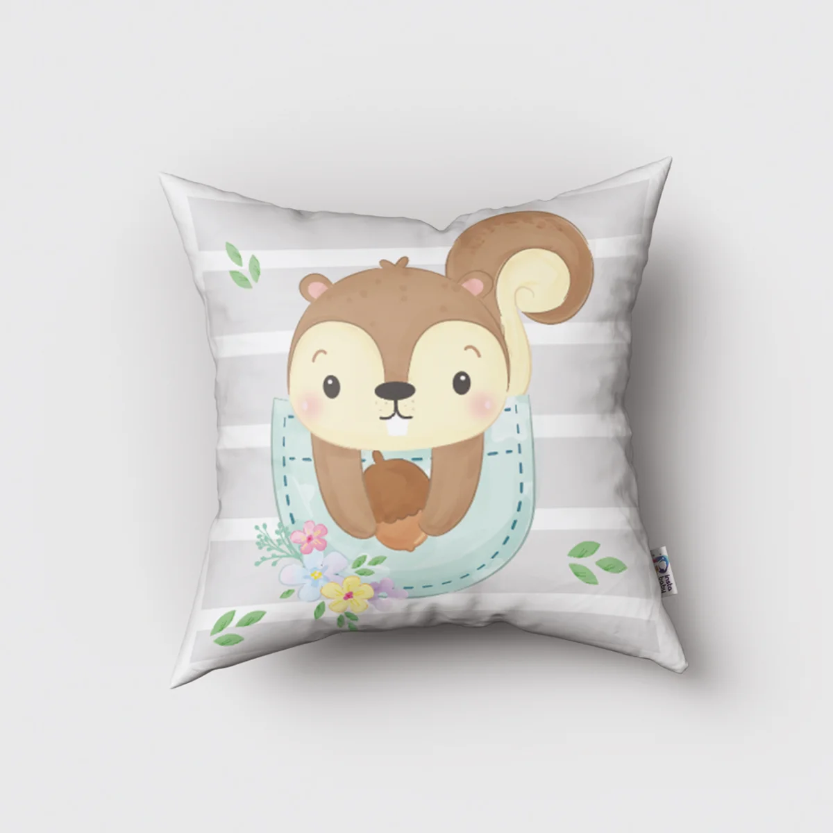 Orman Hayvanları Kırlent Kılıfı | Mavi yapraklar, çiçekler Desenli