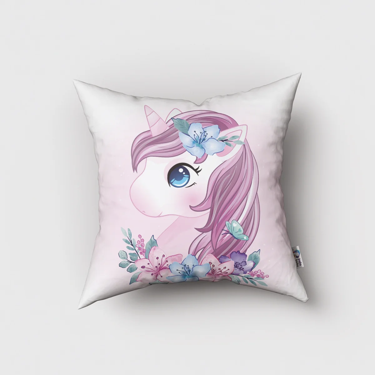 Unicorn Kırlent Kılıfı | Pembe çiçekler, kelebekler Desenli