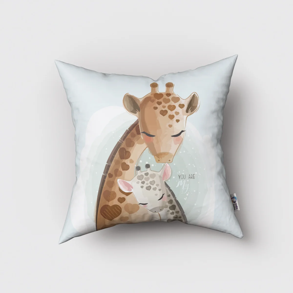 Zürafa Kırlent Kılıfı | Mavi kalp lekeler, bulutlar Desenli