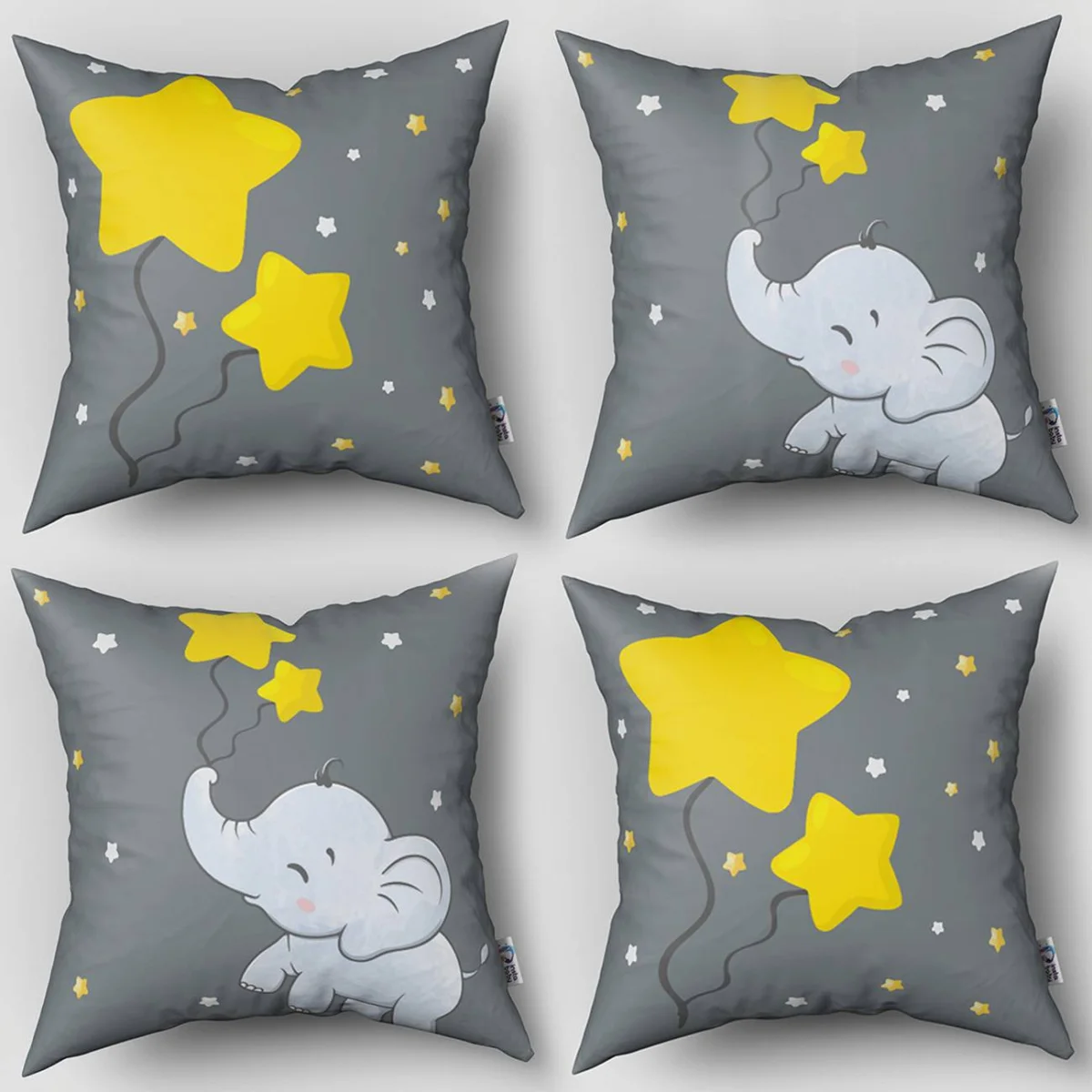 Fil 4lü Kırlent | Gri yıldızlar, yıldız balonlar Desenli