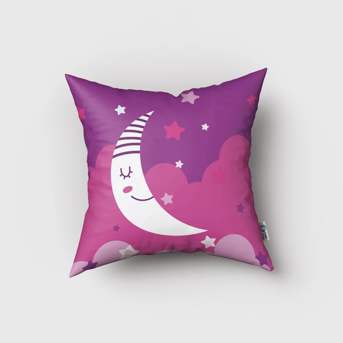 Ay ve Yıldızlar Kırlent Kılıfı | Pembe uyuyan ay, yıldızlar Desenli