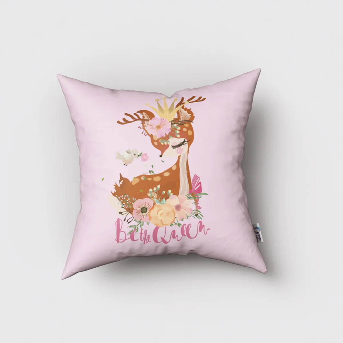 Taçlı Geyik Kırlent Kılıfı | Pembe Taç, çiçekler Desenli