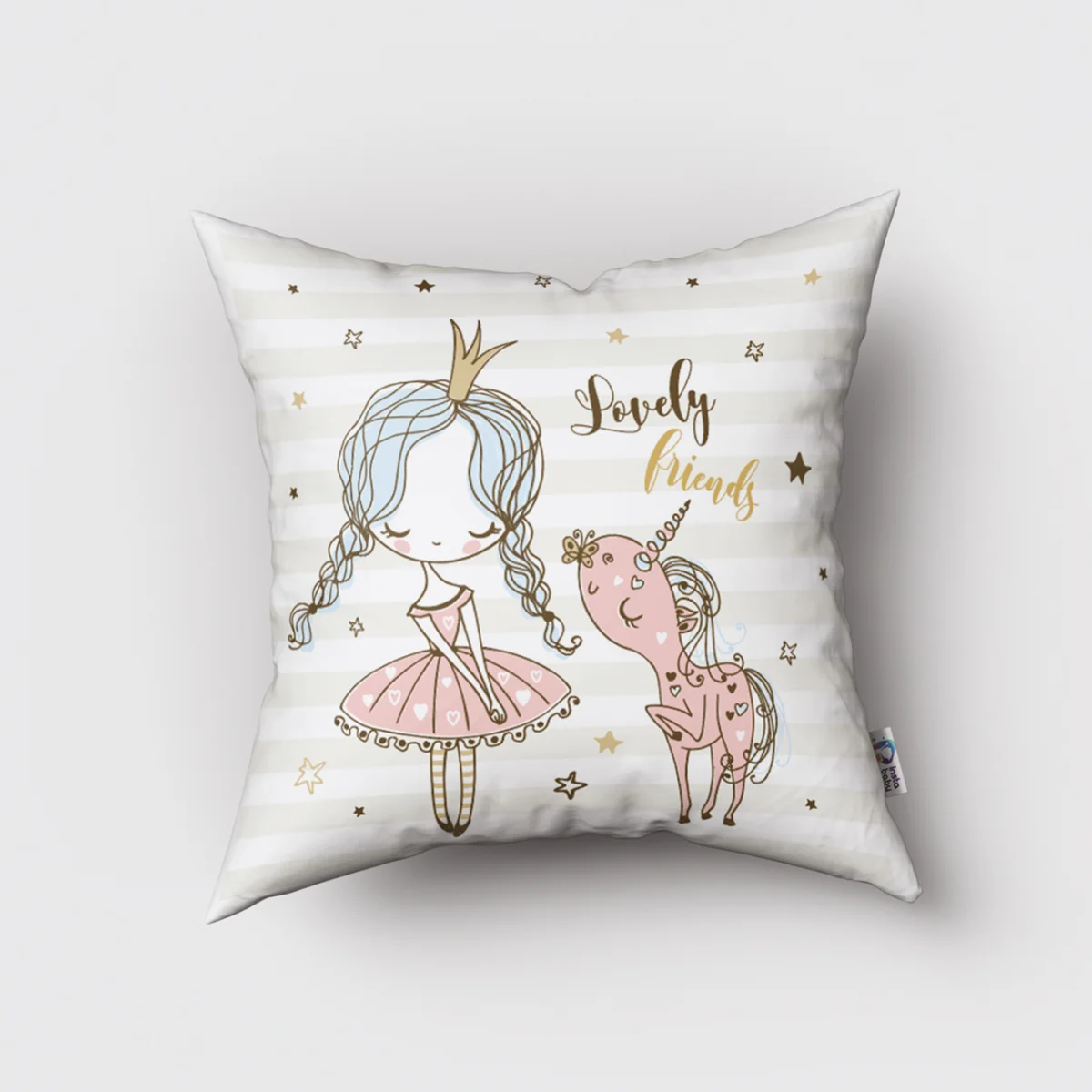 Prenses ve Unicorn Kırlent Kılıfı | Beyaz yıldız, çizgili zemin Desenli