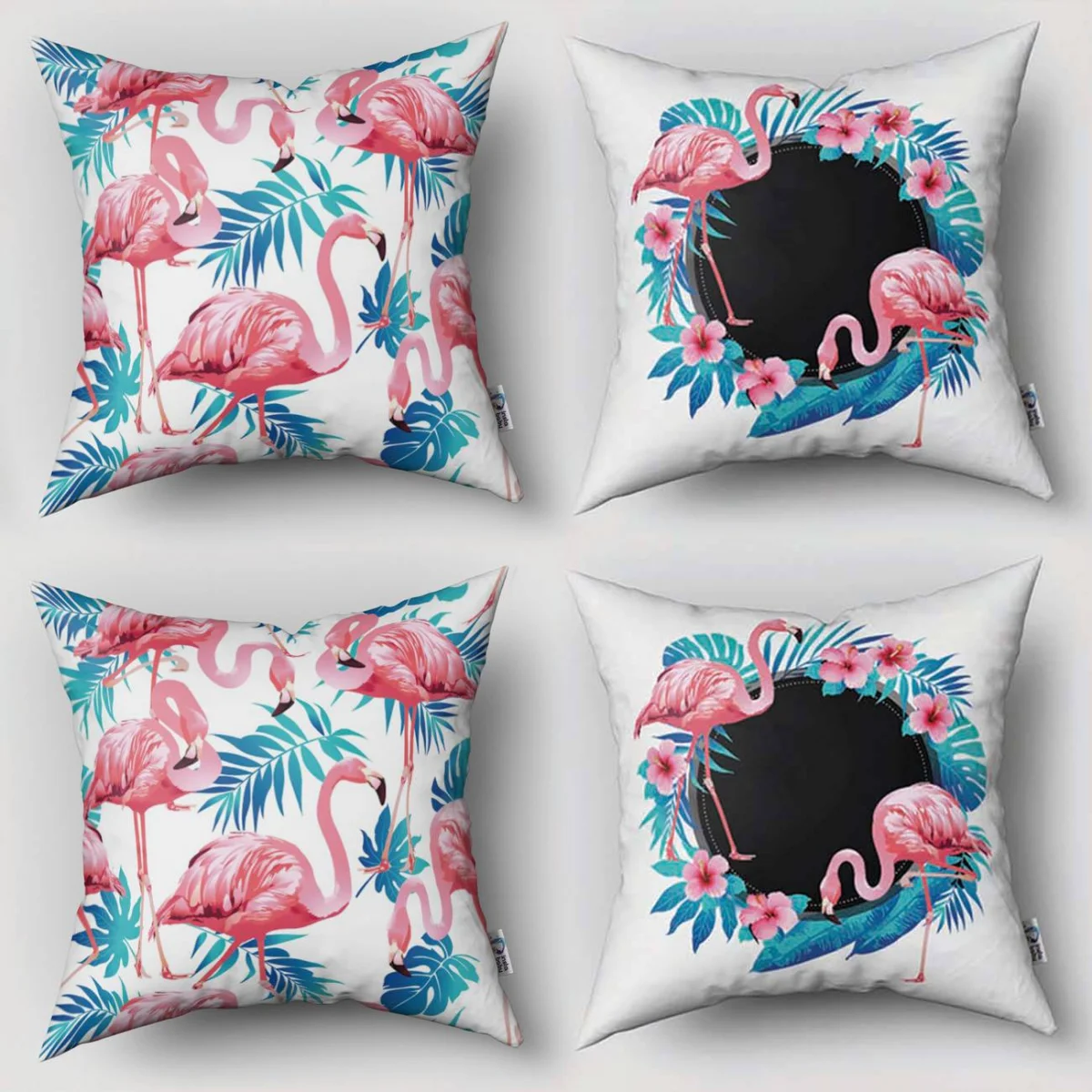 Flamingolar 4lü Kırlent | Beyaz Tropikal yapraklar, pembe hibiskus çiçekleri Desenli