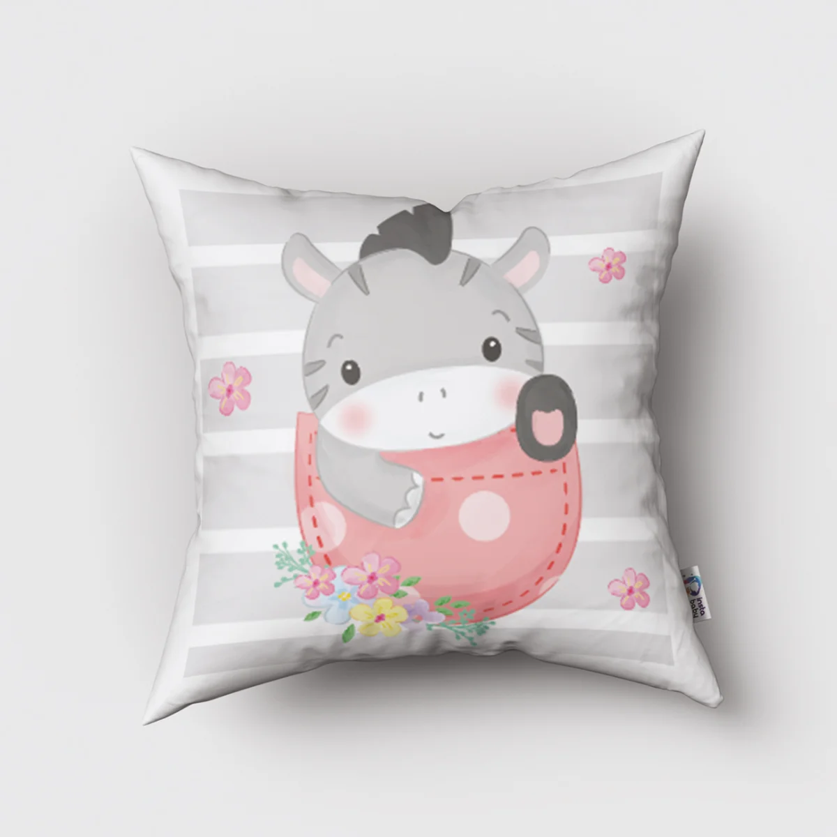 Zebra Kırlent Kılıfı | Gri Çizgili zemin, renkli çiçekler Desenli