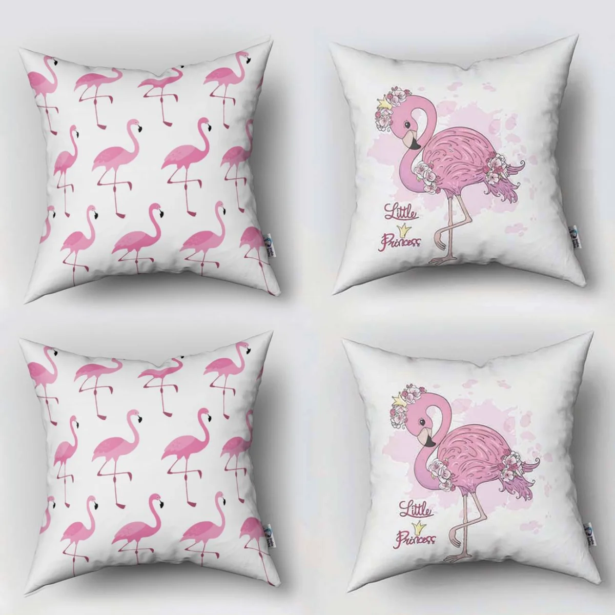 Flamingo 4lü Kırlent | Beyaz Çiçekler, taç Desenli