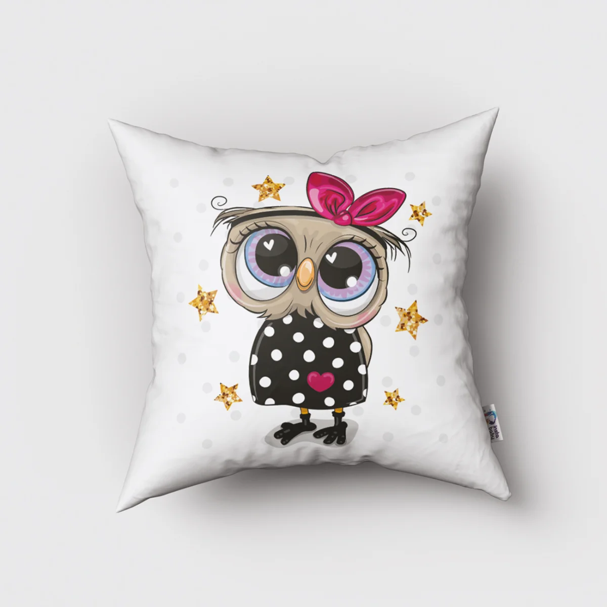 Sevimli Baykuş Kırlent Kılıfı | Beyaz yıldız, puantiye Desenli