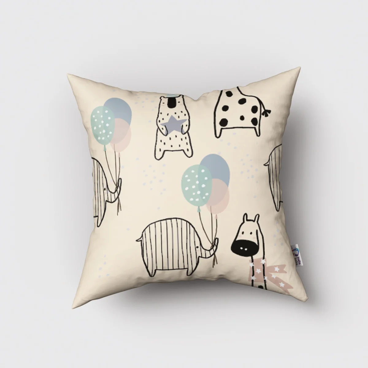 Orman Hayvanları Kırlent Kılıfı | Bej balonlar, parti şapkaları Desenli