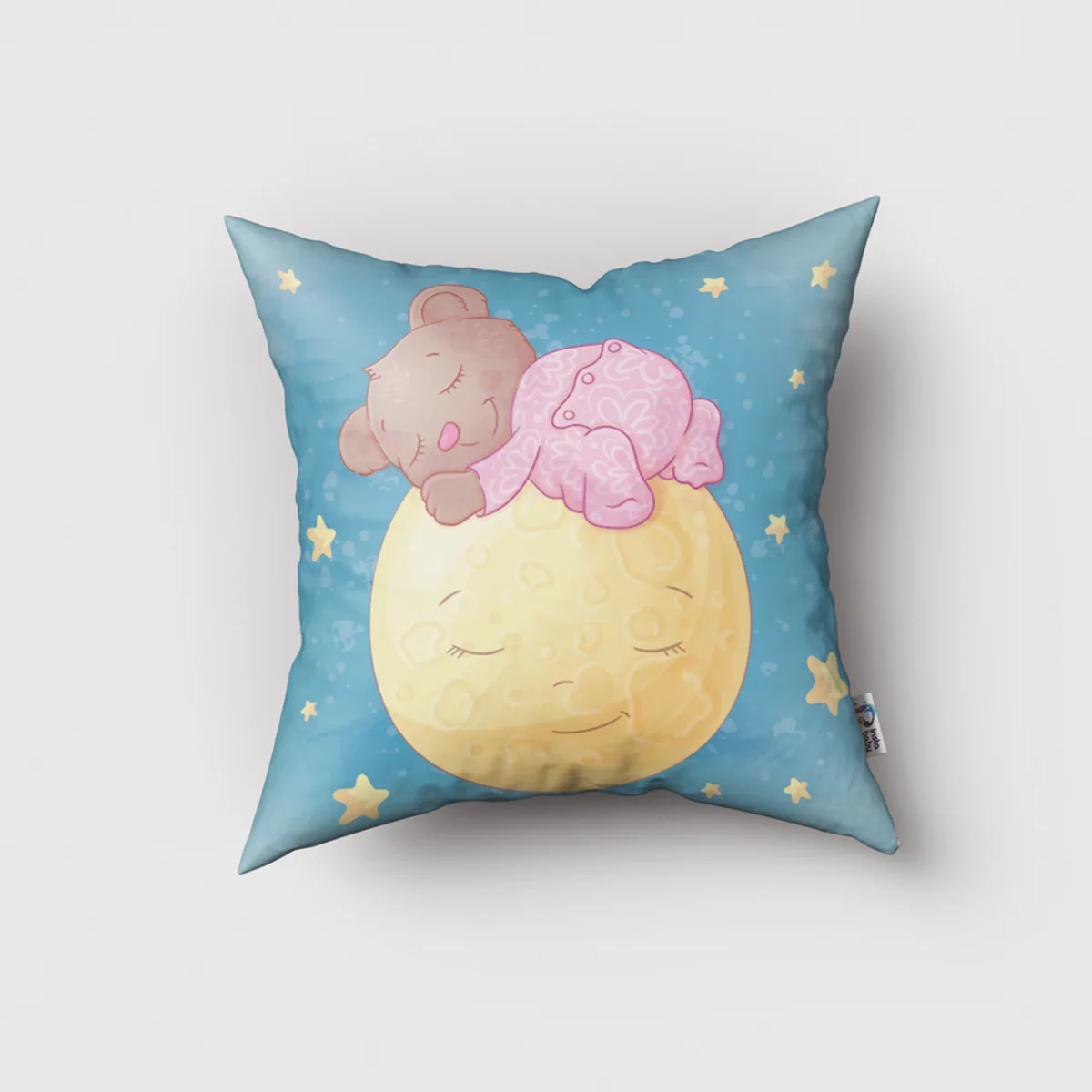 Ayı ve Ay Kırlent Kılıfı | Mavi yıldızlar, uyuyan ayılar Desenli