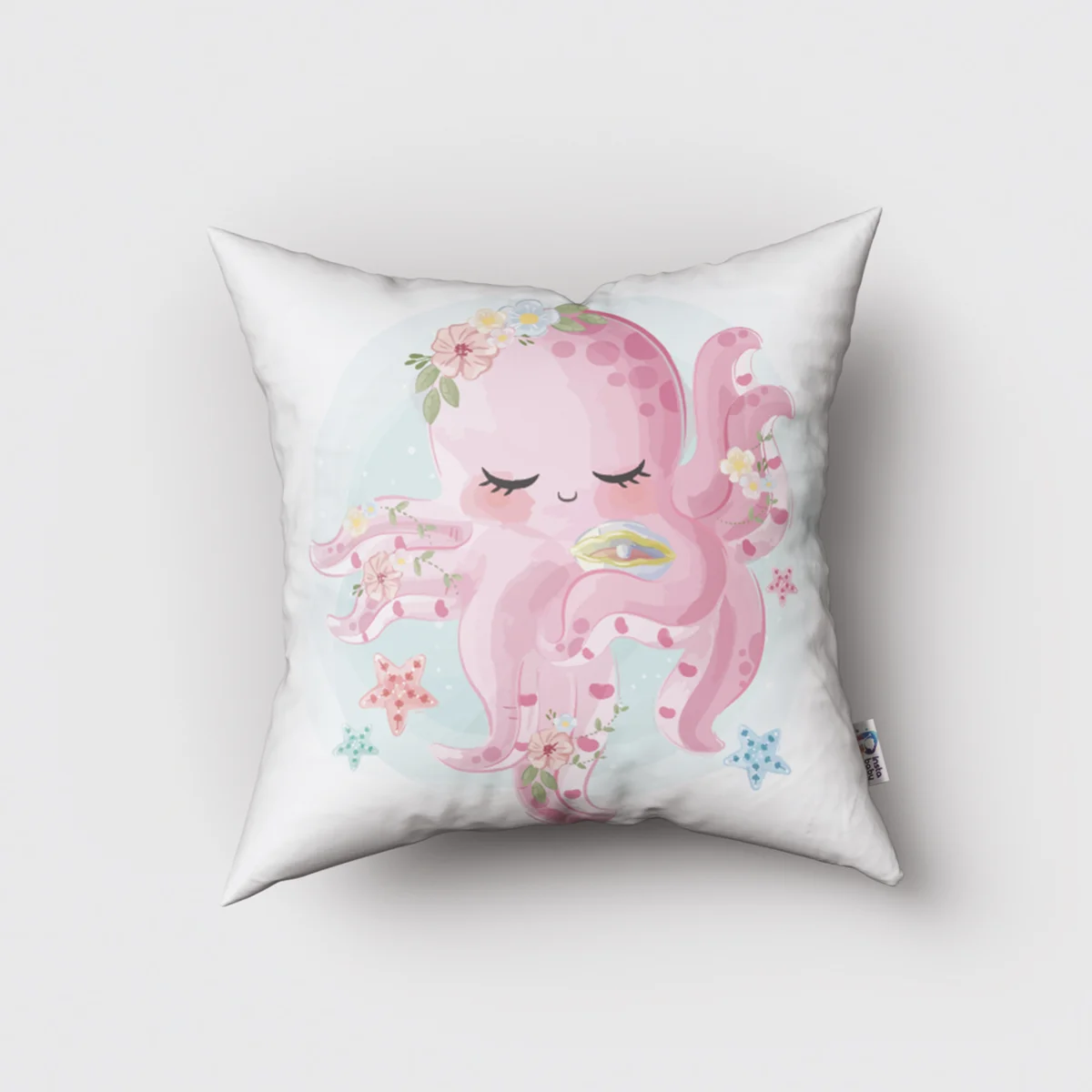 Ahtapot Kırlent Kılıfı | Beyaz yıldız, çiçek Desenli