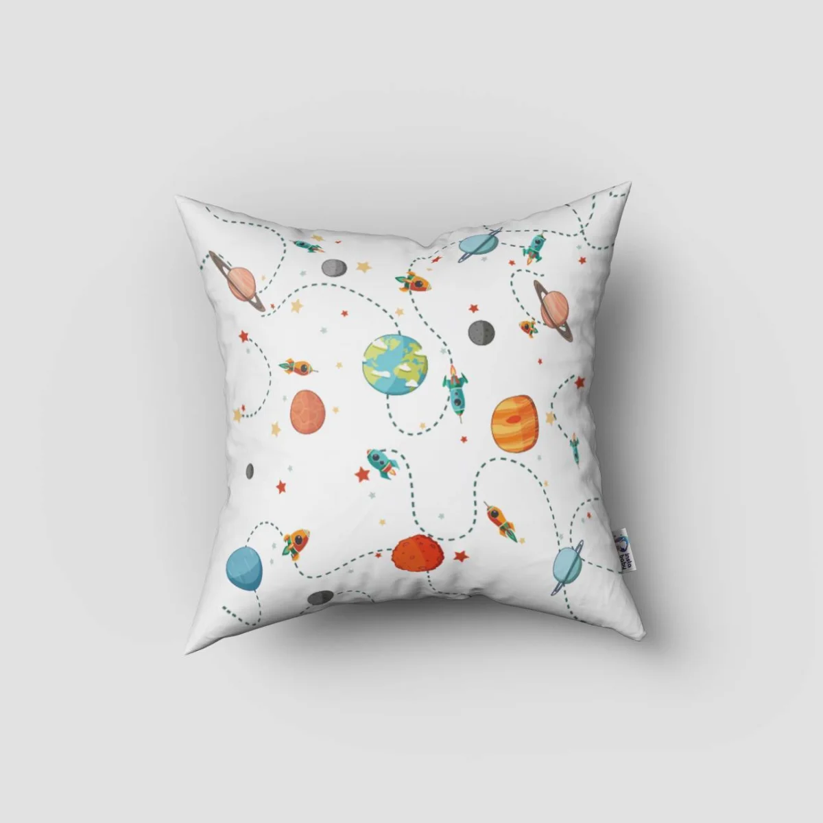 Uzay Kırlent Kılıfı | Beyaz roketler, gezegenler Desenli