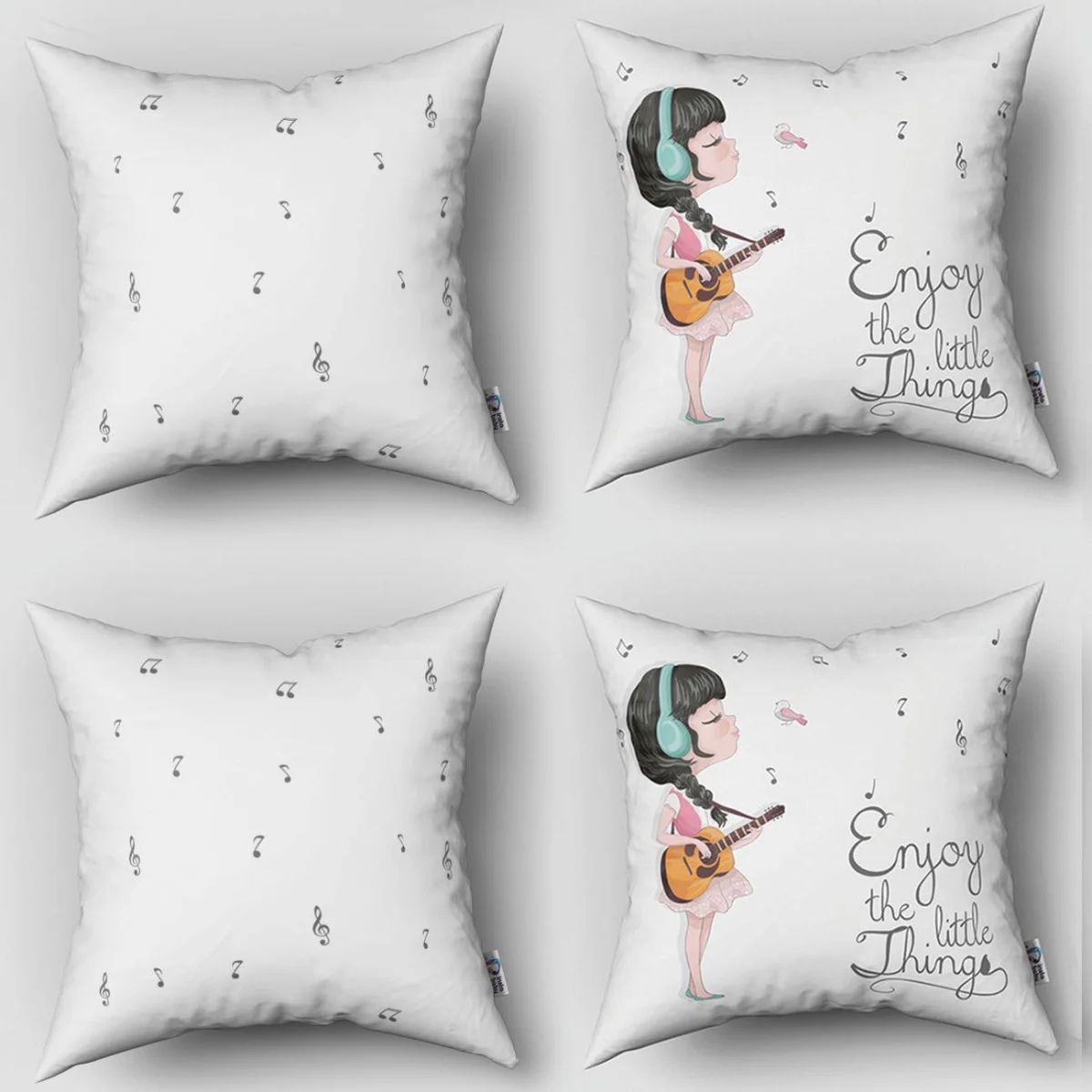 Müziksever Kız 4lü Kırlent | Beyaz müzik notaları, kuş Desenli