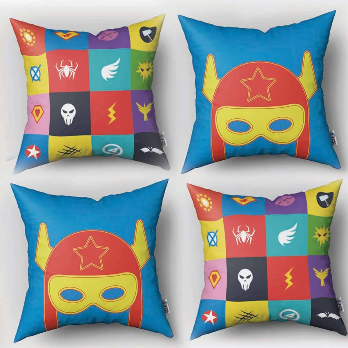 Süper Kahraman 4lü Kırlent | Mavi maske, yıldız Desenli