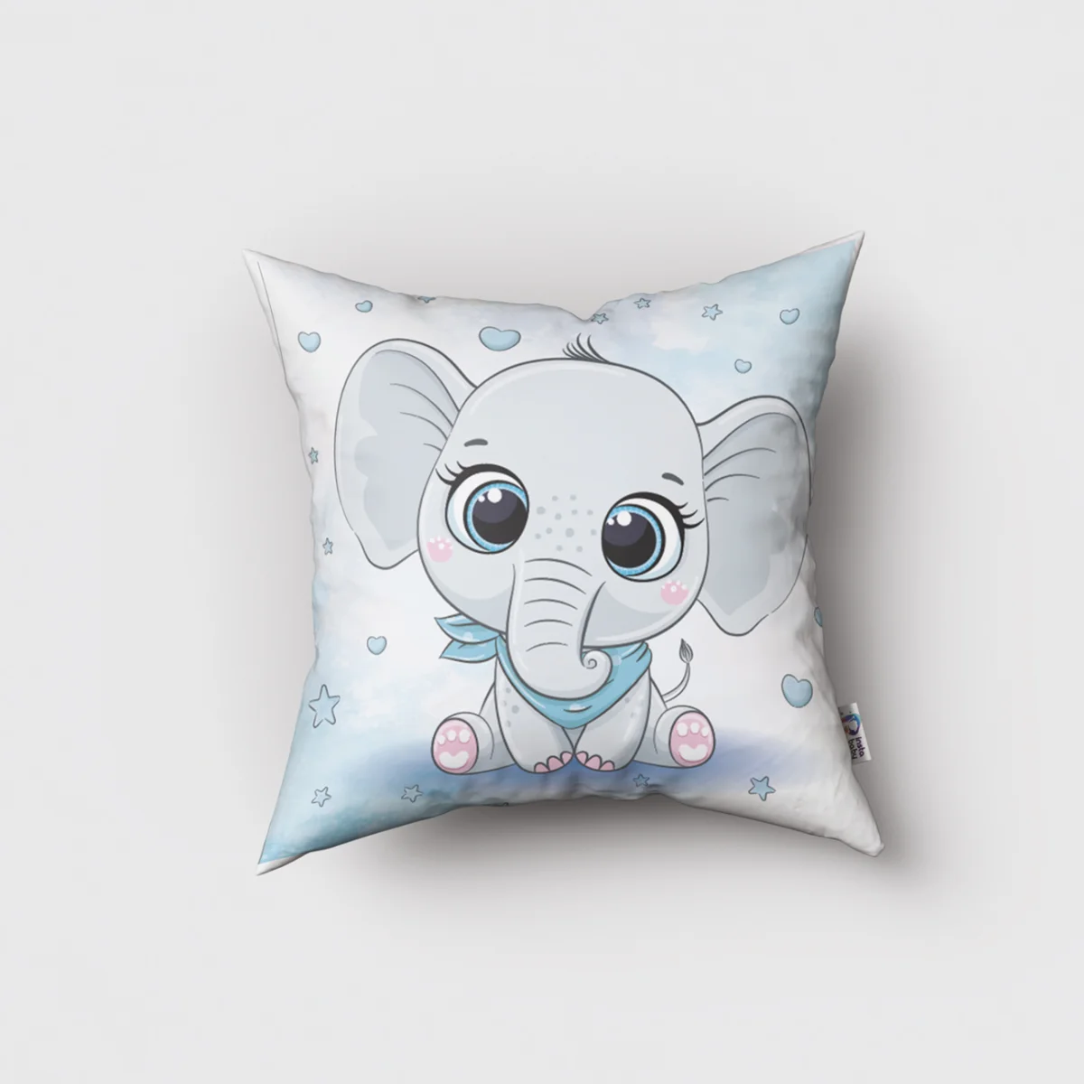 Fil, Ay ve Yıldızlar Kırlent Kılıfı | Beyaz yıldız, ay Desenli