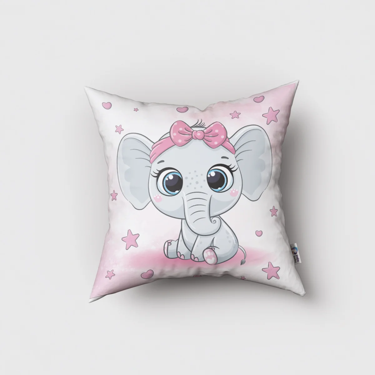 Fil Kırlent Kılıfı | Pembe yıldız, bulut Desenli