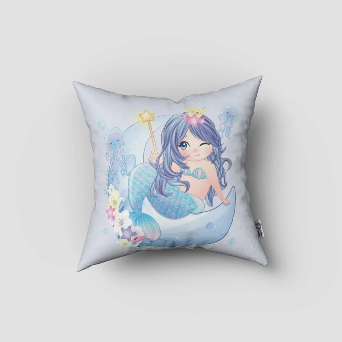 Deniz Kızı Kırlent Kılıfı | Açık Mavi yıldız, deniz kabuğu Desenli