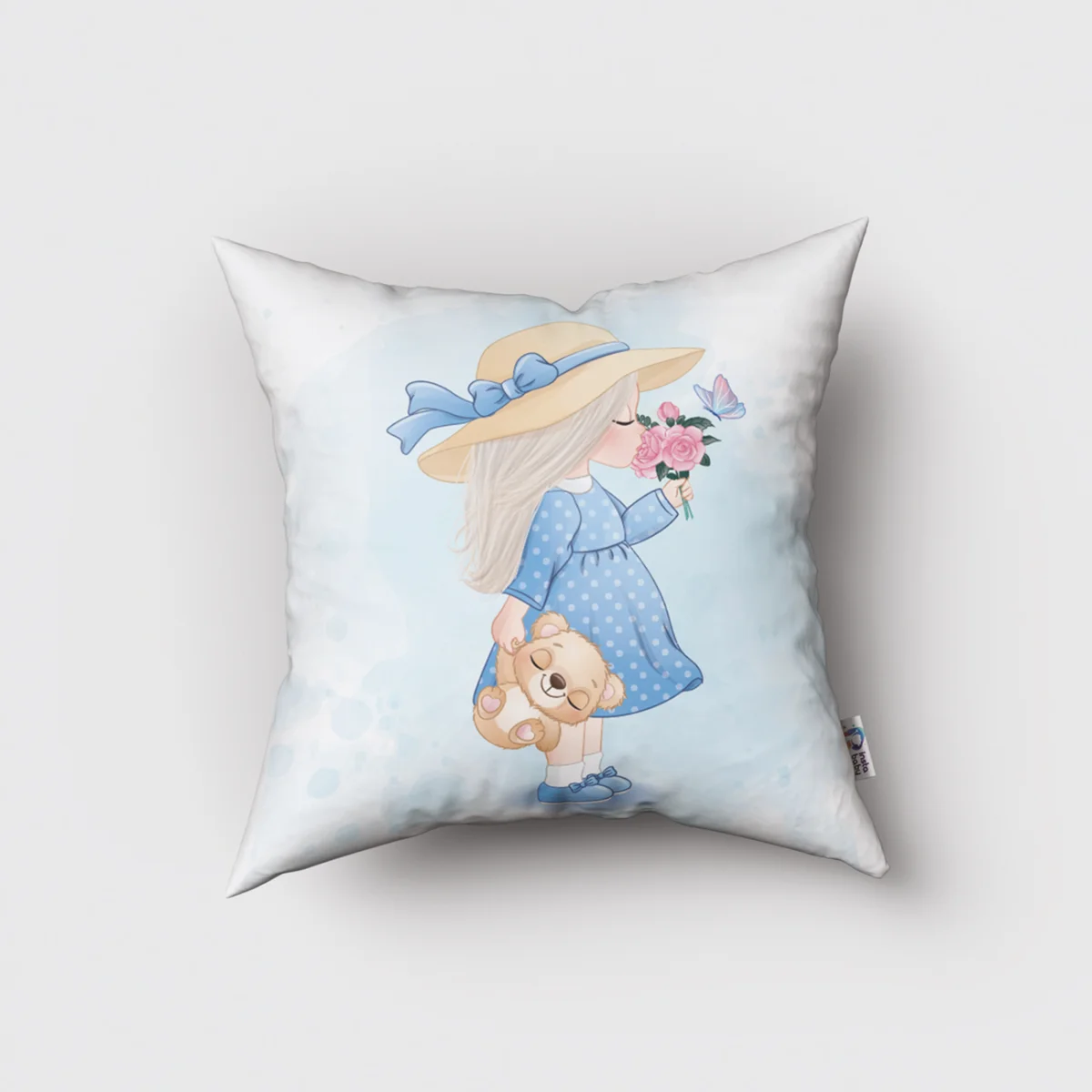 Küçük Kız Kırlent Kılıfı | Mavi kelebekler, yazılar Desenli