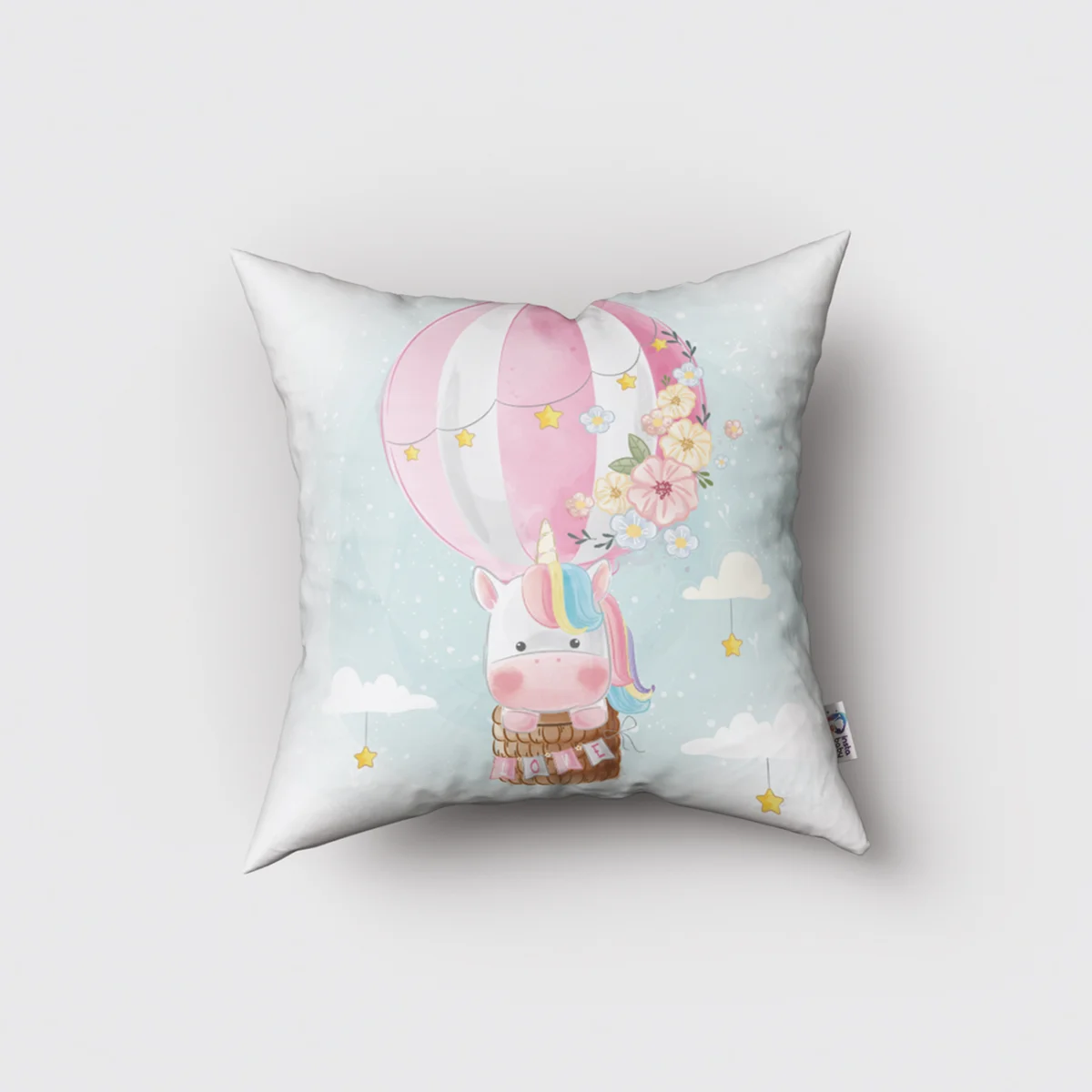 Unicorn Kırlent Kılıfı | Mavi sıcak hava balonu, bulut Desenli