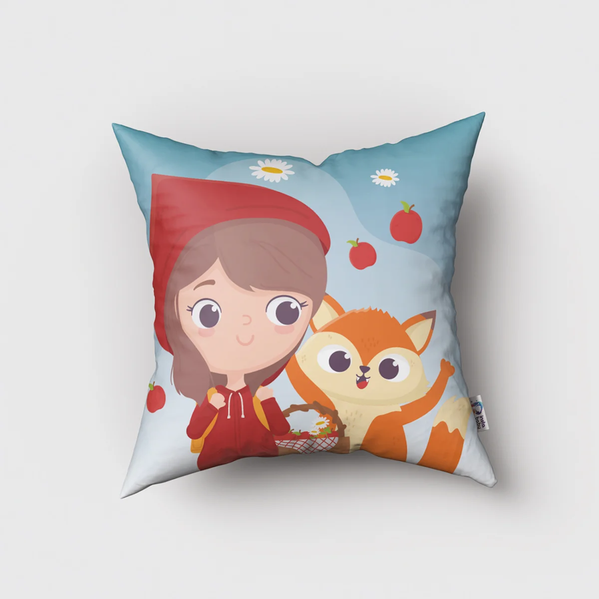 Kırmızı Başlıklı Kız ve Tilki Kırlent Kılıfı | Mavi elmalar, papatyalar Desenli
