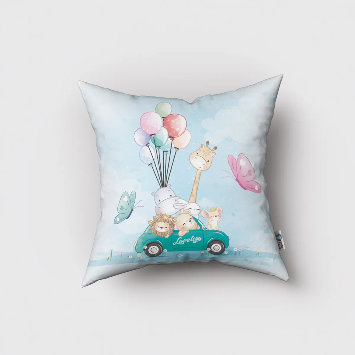 Sevimli Hayvanlar Kırlent Kılıfı | Mavi Balonlar, araba Desenli