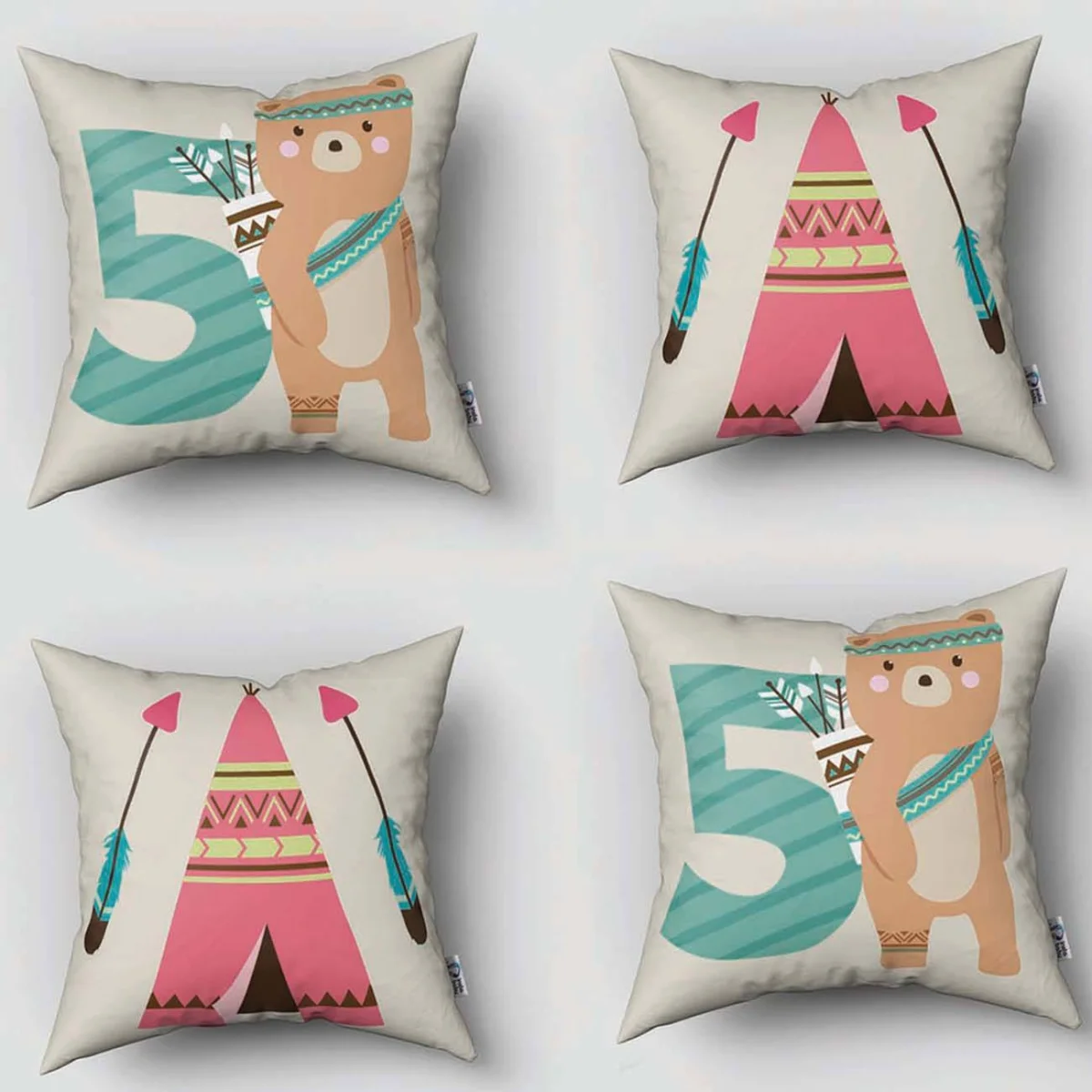 Kızılderili temalı orman hayvanları 4lü Kırlent | Beyaz Oklar, tüyler Desenli