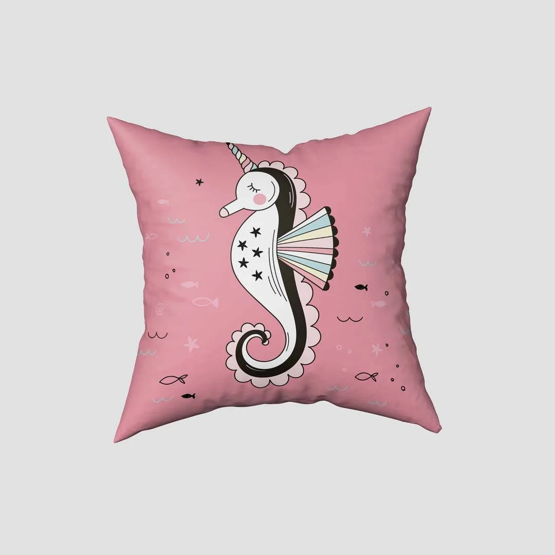 Deniz Unicornu Kırlent Kılıfı | Pembe yıldız, balık Desenli
