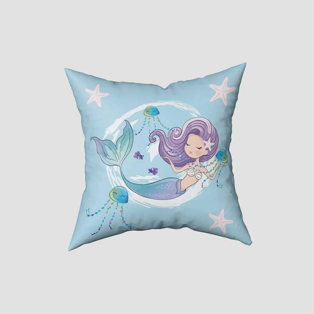 Deniz Kızı Kırlent Kılıfı | Açık Mavi Deniz yıldızı, deniz anası Desenli