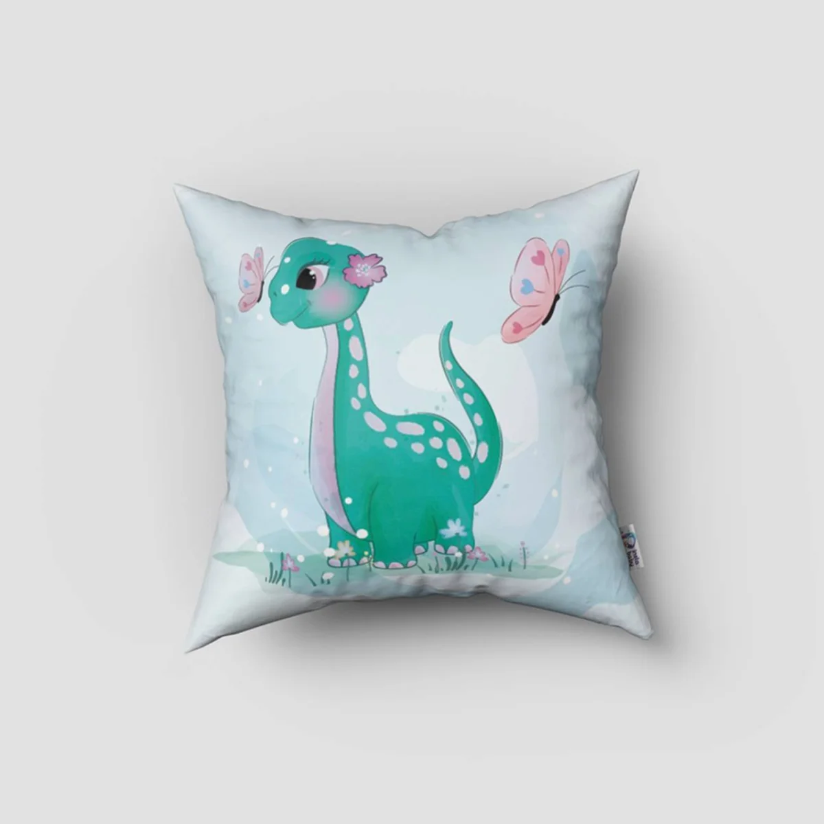 Dinozor Kırlent Kılıfı | Mavi kelebekler, çiçekler Desenli