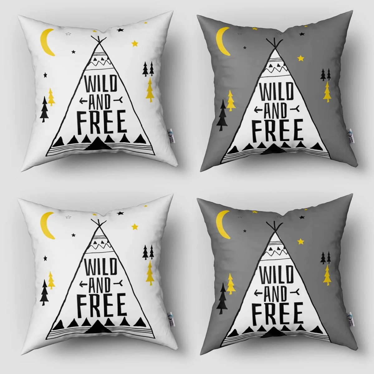 Tipi Çadırı, Doğa 4lü Kırlent | Gri yıldız, ay Desenli