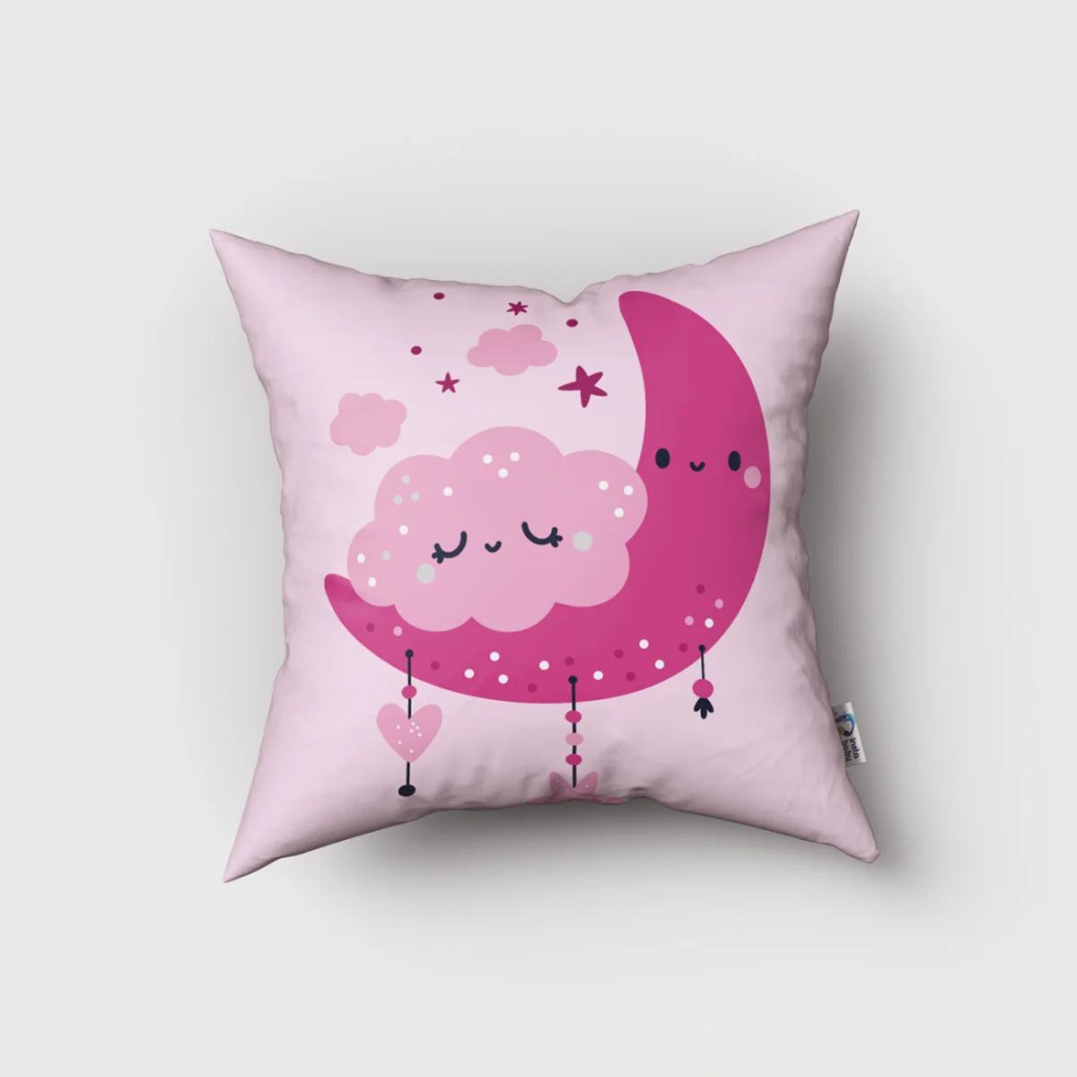 Ay ve Bulutlar Kırlent Kılıfı | Pembe yıldız, bulut Desenli