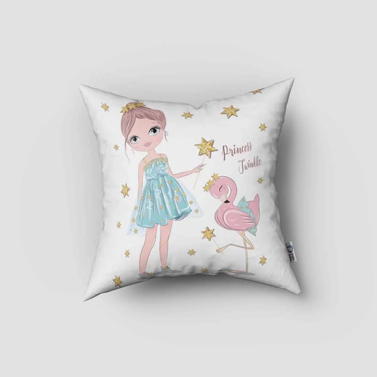 Prenses ve Flamingo Kırlent Kılıfı | Beyaz Yıldızlar, Princess Twinkle yazısı Desenli
