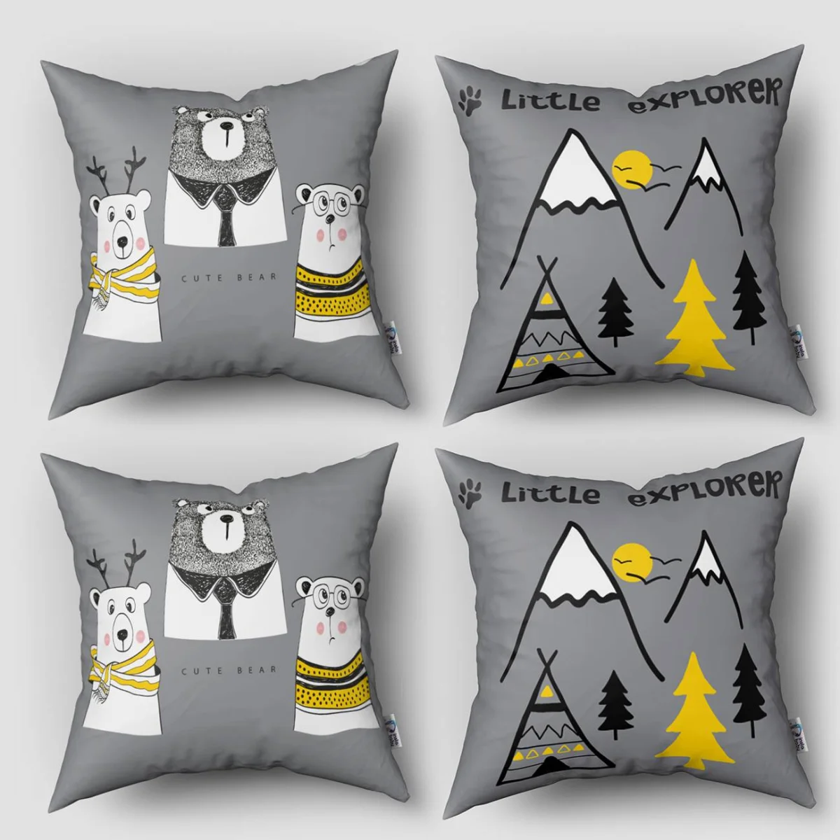 Orman Hayvanları ve Macera 4lü Kırlent | Gri yol, ağaçlar Desenli