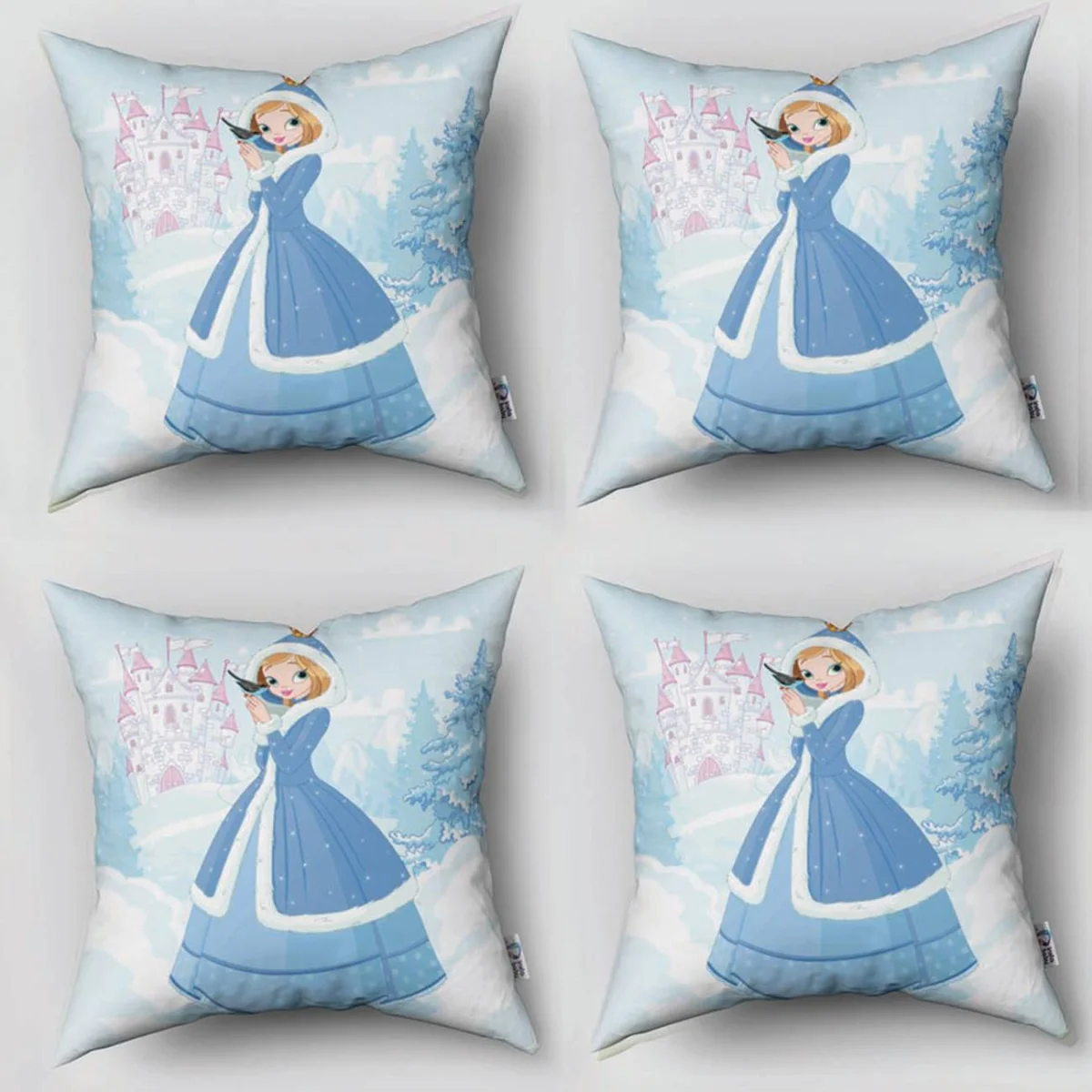 Prenses 4lü Kırlent | Mavi kale, kuş Desenli