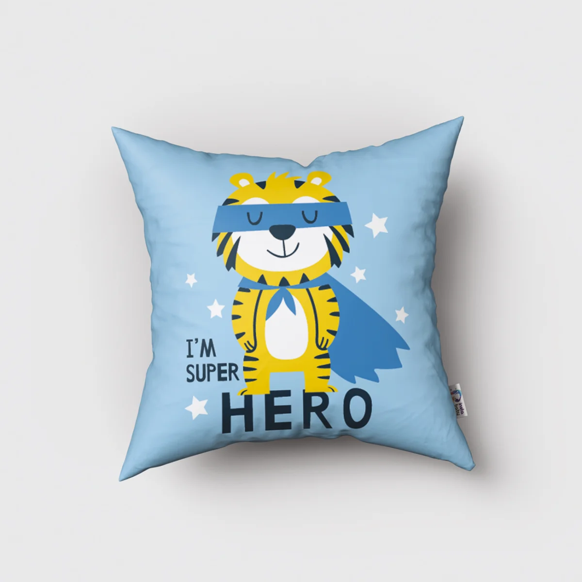 Süper Kahraman Kaplan Kırlent Kılıfı | Mavi yıldızlar, süper kahraman yazısı Desenli