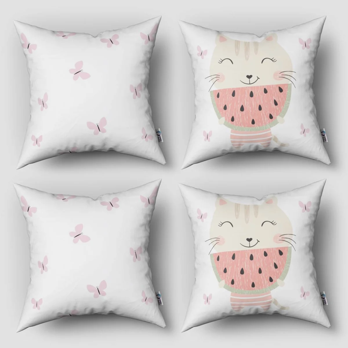 Kedi 4lü Kırlent | Beyaz pembe kelebekler, karpuz Desenli