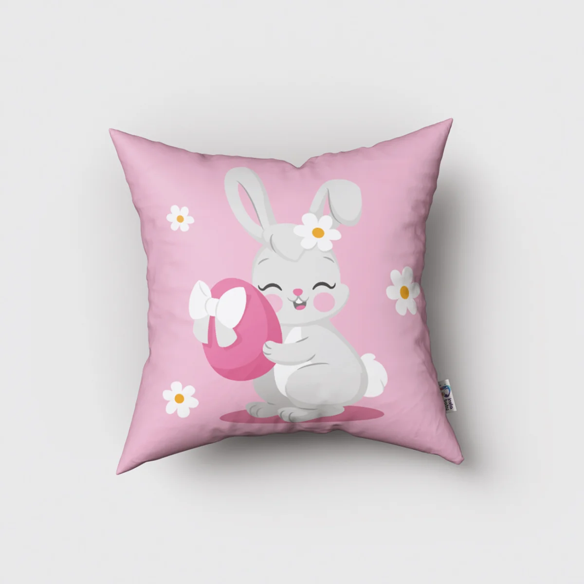 Tavşan Kırlent Kılıfı | Pembe Beyaz papatya çiçekleri, pembe yumurta Desenli