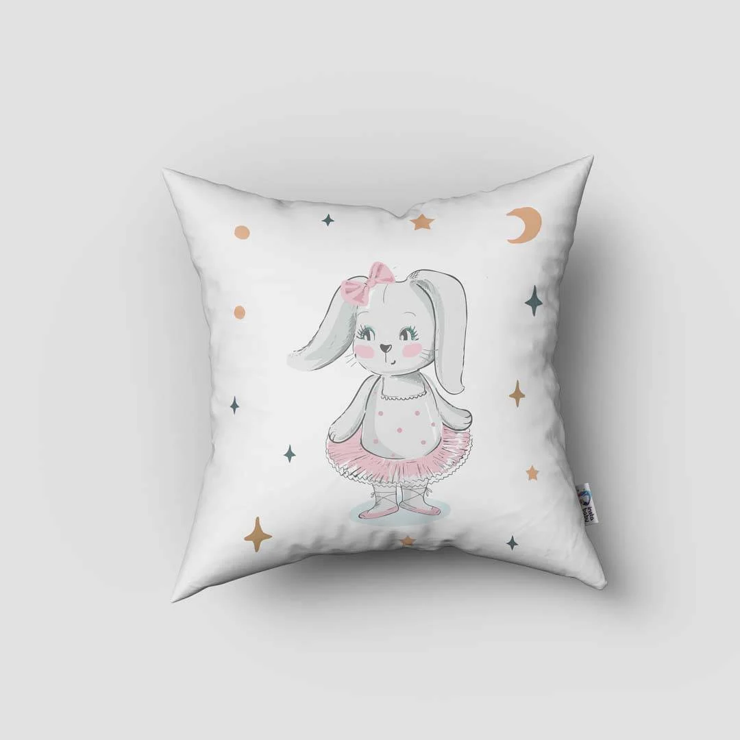 Balerin Tavşan Kırlent Kılıfı | Beyaz yıldızlar, ay Desenli