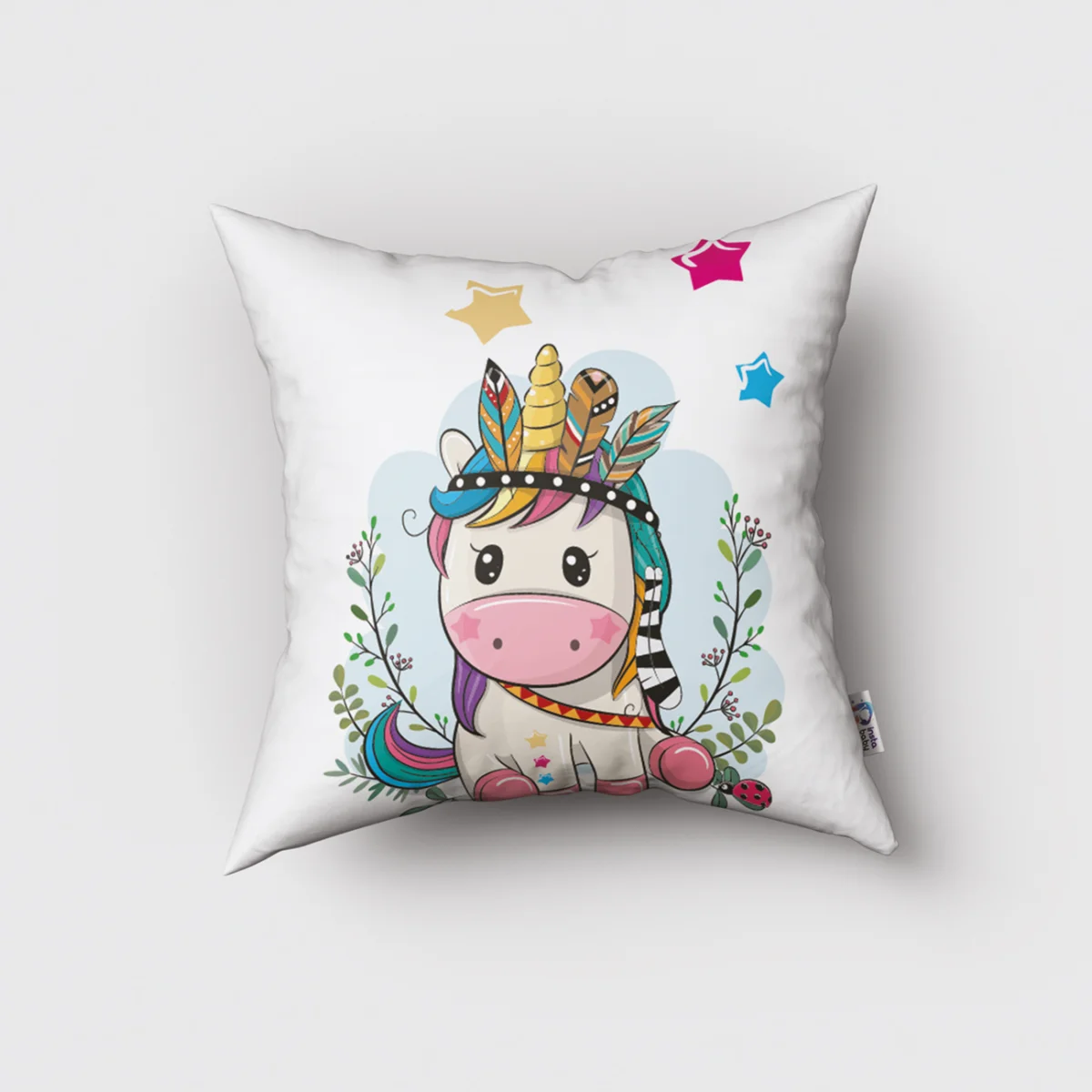 Unicorn Kırlent Kılıfı | Beyaz Yapraklar, bulut Desenli