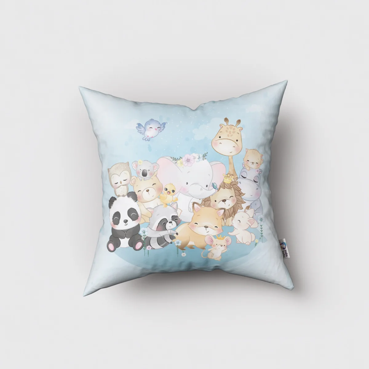 Orman Hayvanları Kırlent Kılıfı | Mavi gökkuşağı, bulutlar Desenli