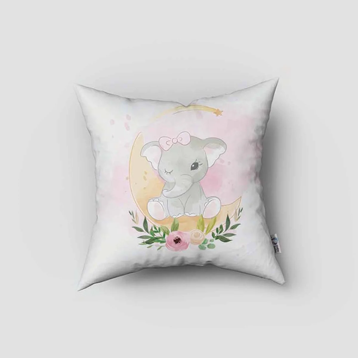 Fil, ay Kırlent Kılıfı | Beyaz pembe fiyonk, ay Desenli